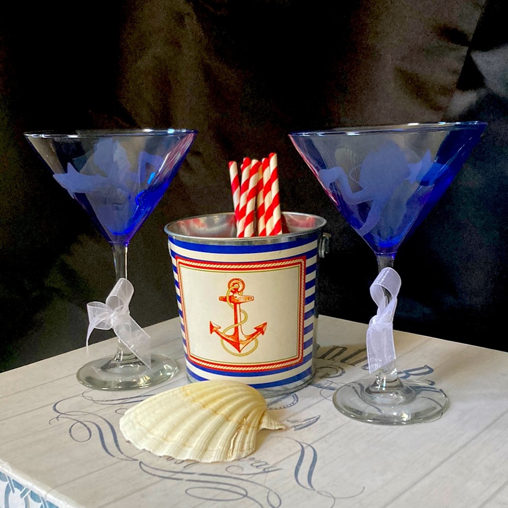 Pair of hand etched martini glasses with scuba diver and shark